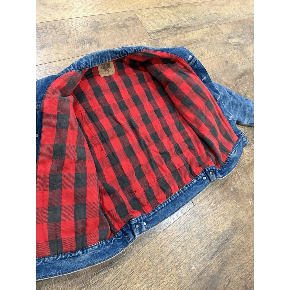 Vintage 80s 90s Led Zeppelin GAP Plaid Lined Denim Trucker Jacket Small Blue USA - Picture 4 of 12